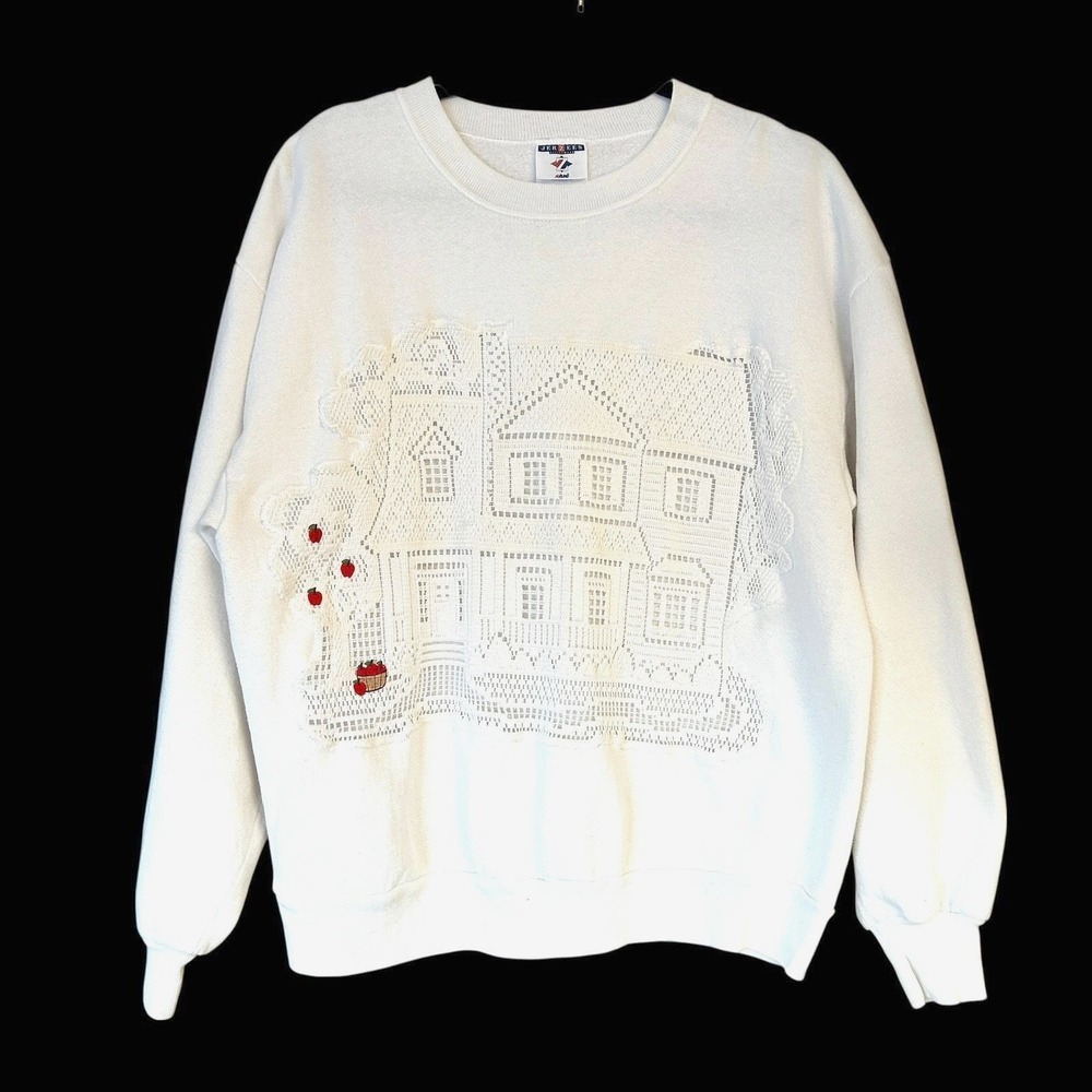 Vintage Grandmacore Lace House Sweatshirt L Cottagecore‎ Farmhouse Apples